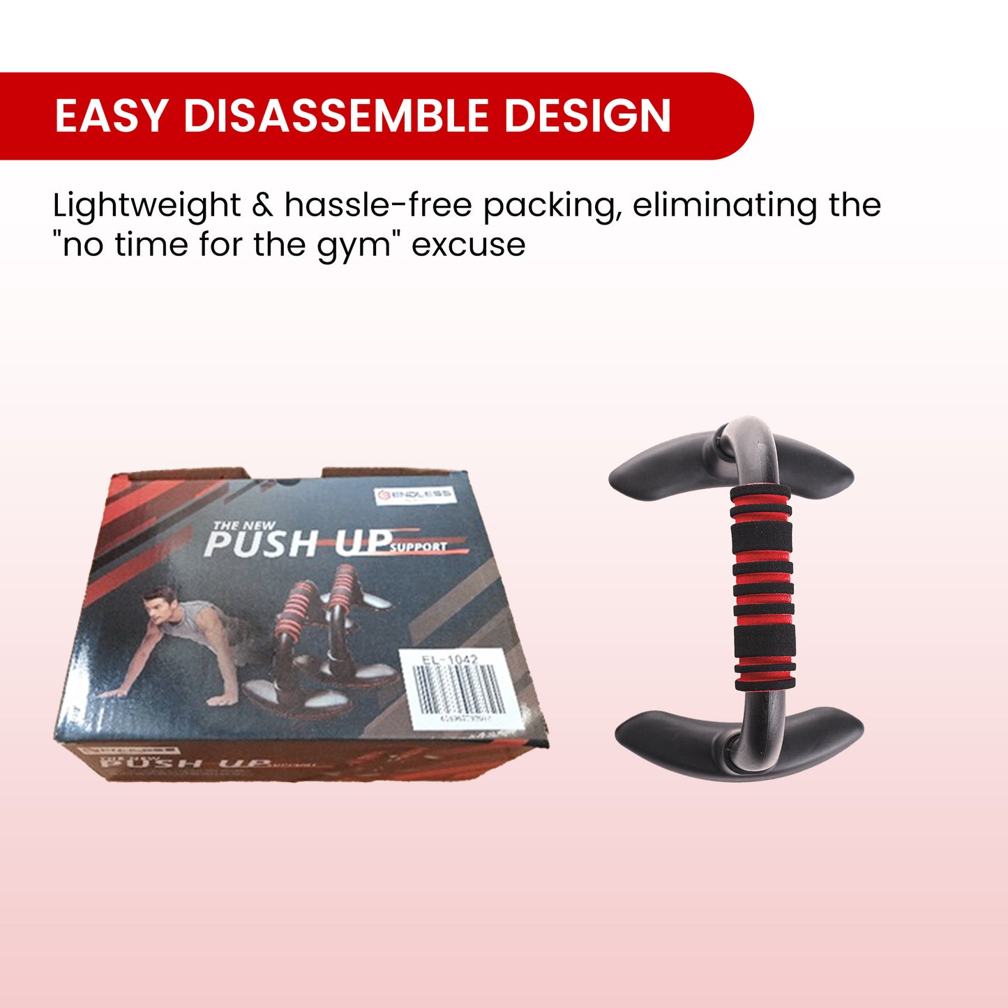 Endless EL1042 Push Up Stands With Foam Handle | Blank and Red | Material : Steel, Plastic | For Upper Body Workouts with Comfortable Foam Grip and Non-Slip Bars and Less Wrist Strain