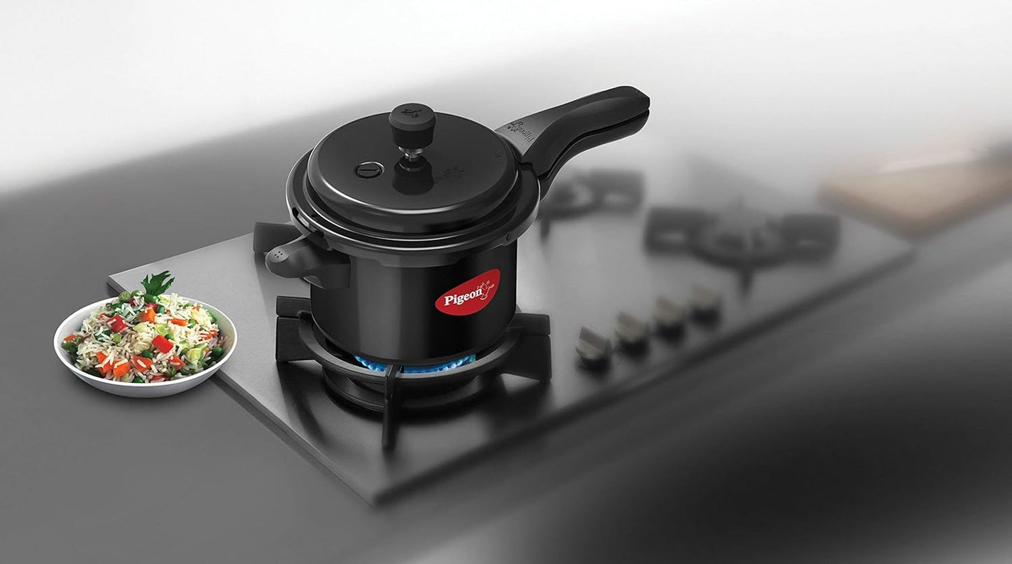 Pigeon Pressure Cooker - Hard Anodized - Cook delicious food in less time: soups, rice, legumes, Black
