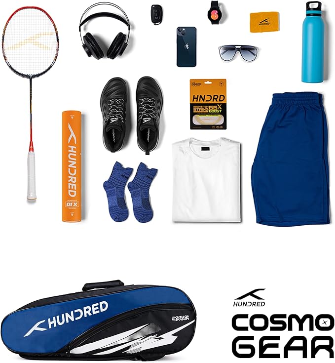 HUNDRED Cosmogear Badminton Kit-Bag | Double Zipper | Bag with Front Zipper Pocket | Material: Polyester| Padded Back Straps | Easy-Carry Handle | For Unisex Adult