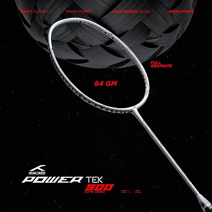 Hundred POWERTEK 900 Badminton Racquet with Cover (Grip Size: 3 1/4 inches) | Strung | Material: Full Graphite | for Intermediate Player | 84 Grams | Maximum String Tension: 26lbs