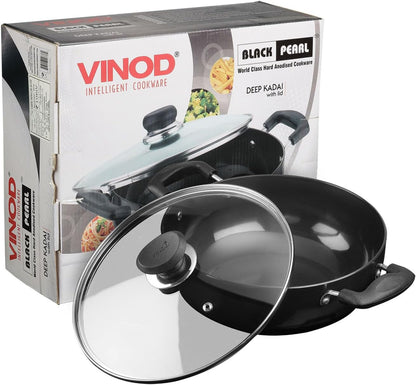 Vinod Black Pearl Hard Anodised Non Stick Deep Kadhai with Glass Lid -139 oz , 10.14 inches | 3.25mm Thickness | kadai for Cooking | Metal Spoon Friendly | 2 Year Warranty
