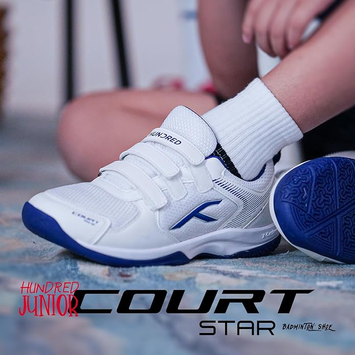 HUNDRED Court Star Kids Badminton Sport Shoes (Non Marking) | for Unisex | Lightweight & Durable | X-Cushion Protection | Paddle Pickle | Velcro Closure