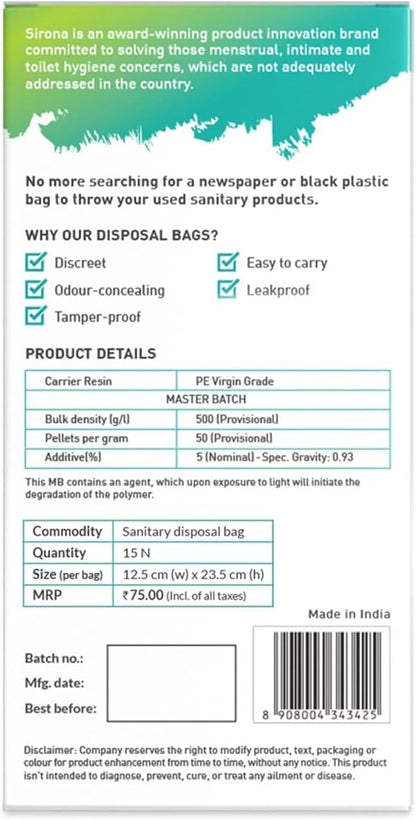 Sirona Personal Disposal Bags | Leak-Proof, Odor-Sealing & Oxo-Biodegradable Hygiene Disposal Bags | Discreet Bags for Sanitary Pads, Panty Liners, Tampons, Condoms & Personal Waste