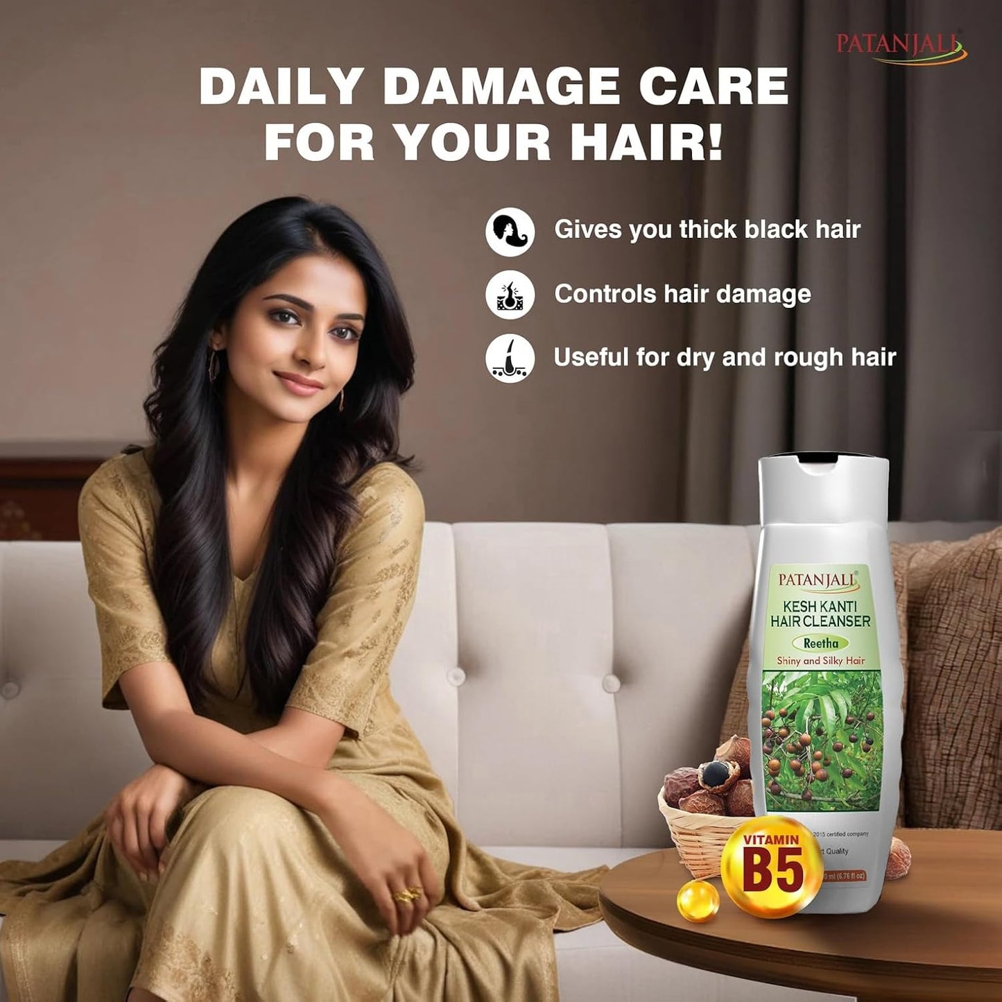 Patanjali Kesh Kanti Reetha Hair Cleanser Shampoo for Dry Hair, Sulfate Free, Herbal Ayurvedic Reetha Shampoo, 200ml Pack of 2 (400ml Total)