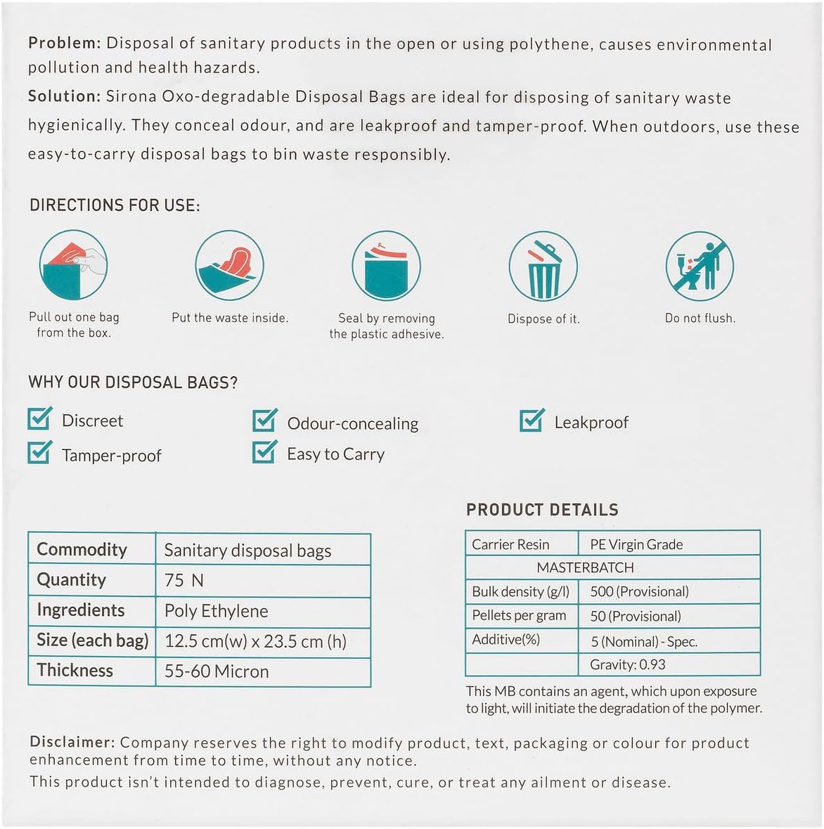 Sirona Personal Disposal Bags | Leak-Proof, Odor-Sealing & Oxo-Biodegradable Hygiene Disposal Bags | Discreet Bags for Sanitary Pads, Tampons, Panty Liners, Condoms & Personal Waste