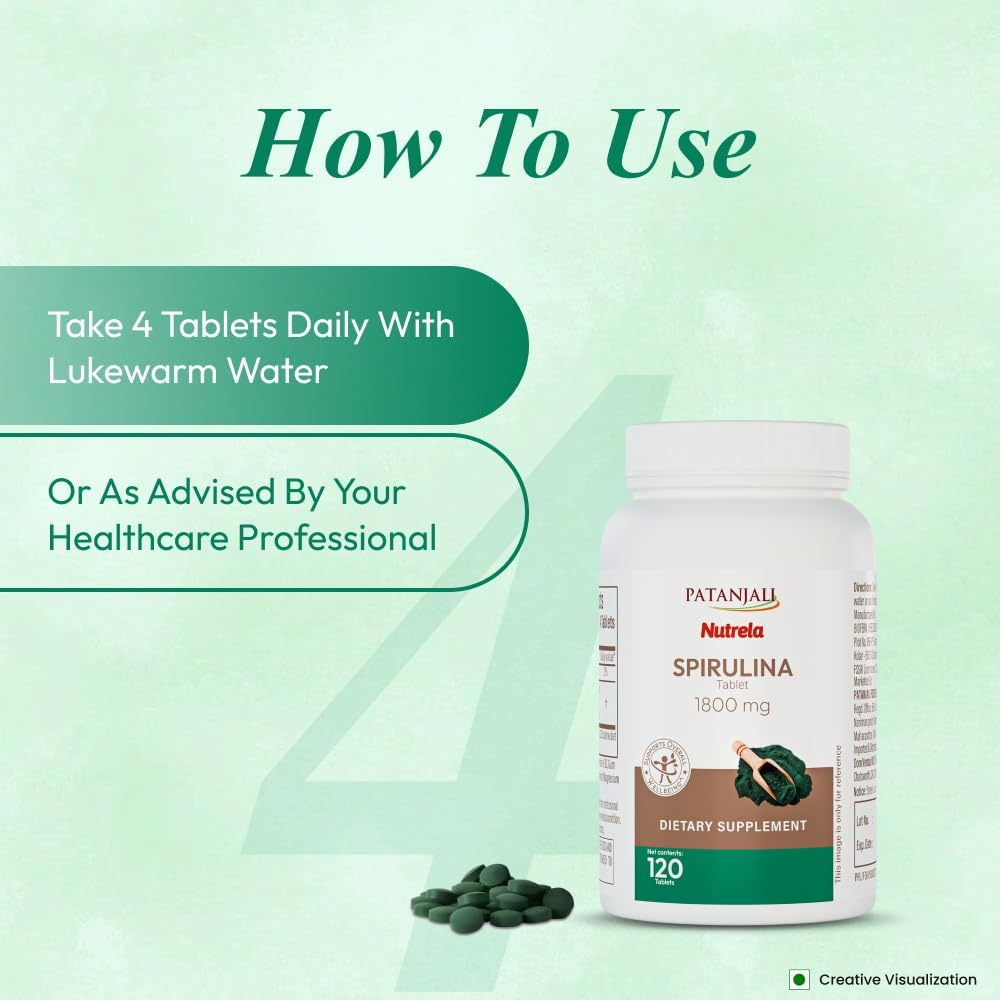 Patanjali Nutrela Spirulina 1800mg - Plant-Based Superfood Nutrition Supplement - Immune Support - 120 Vegetarian Tablets