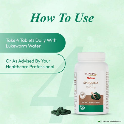Patanjali Nutrela Spirulina 1800mg - Plant-Based Superfood Nutrition Supplement - Immune Support - 120 Vegetarian Tablets