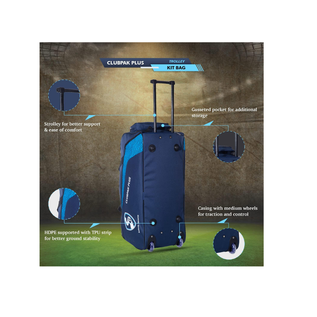 SG Cricket Kit Bag CLUBPAK Plus Trolley | NVY/Teal | Large | Polyester | Unisex | Durable Design | Spacious Storage | Easy to Carry | Trolley Style | Ideal for Cricket Gear