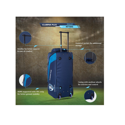 SG Cricket Kit Bag CLUBPAK Plus Trolley | NVY/Teal | Large | Polyester | Unisex | Durable Design | Spacious Storage | Easy to Carry | Trolley Style | Ideal for Cricket Gear