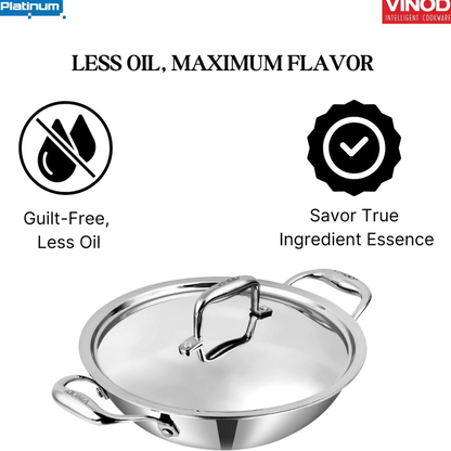 Vinod SAS Pro Platinum Triply Stainless Steel Non Stick Kadhai with Lid - 108 oz , 10.14 inches | Ceramic Coating | Honeycomb Design Induction Base - 5 Year Warranty