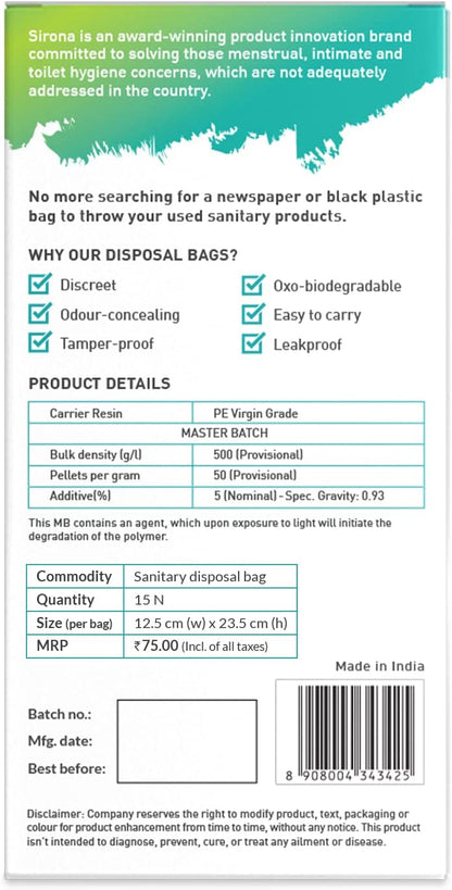 Sirona Personal Disposal Bags | 30 Count | Leak-Proof, Odor-Sealing & Oxo-Biodegradable Disposal Bags | Discreet Hygiene Bags for Sanitary Pads, Tampons, Panty Liners, Condoms & Personal Waste