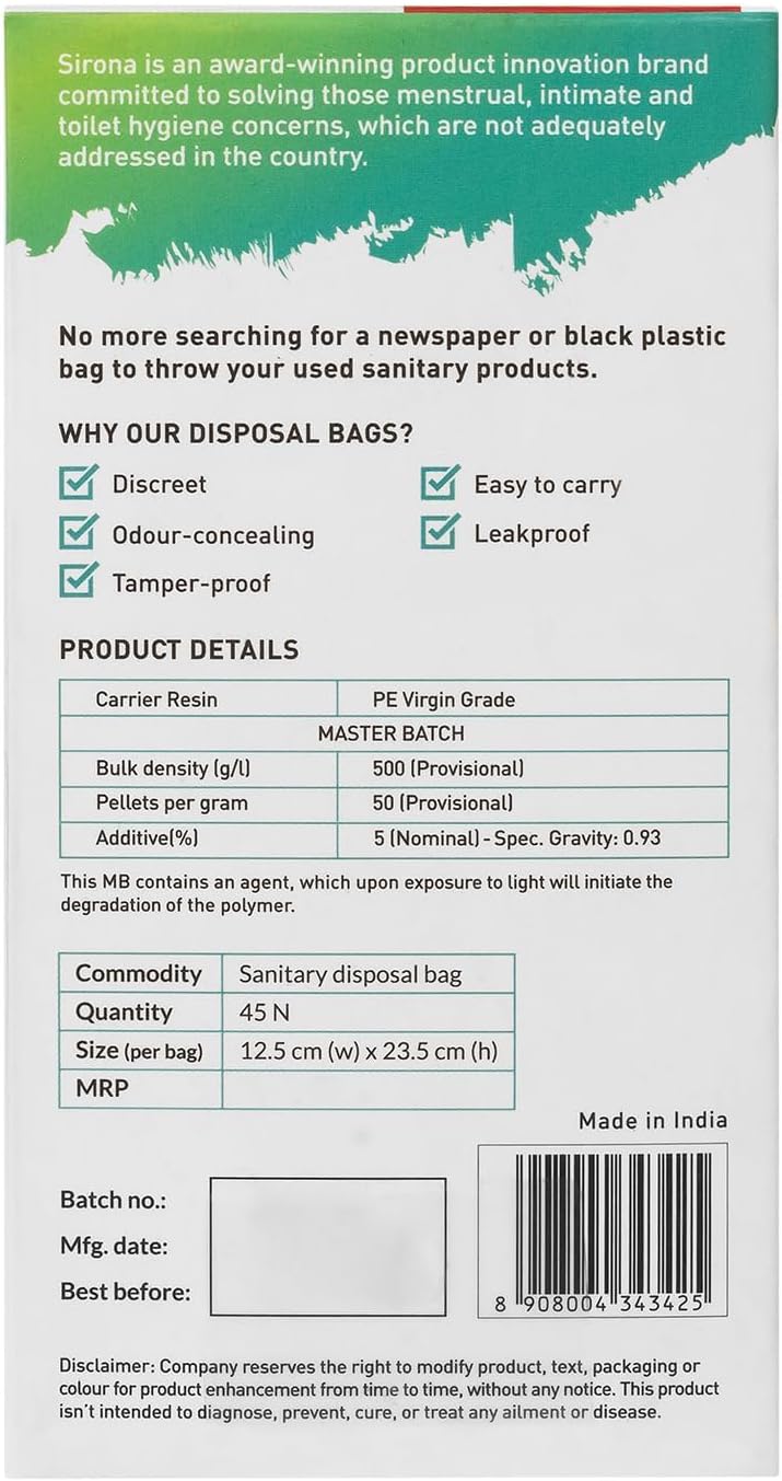 Sirona Personal Disposal Bags | Leak-Proof, Odor-Sealing & Oxo-Biodegradable Hygiene Disposal Bags | Discreet Bags for Sanitary Pads, Tampons, Panty Liners, Condoms & Personal Waste