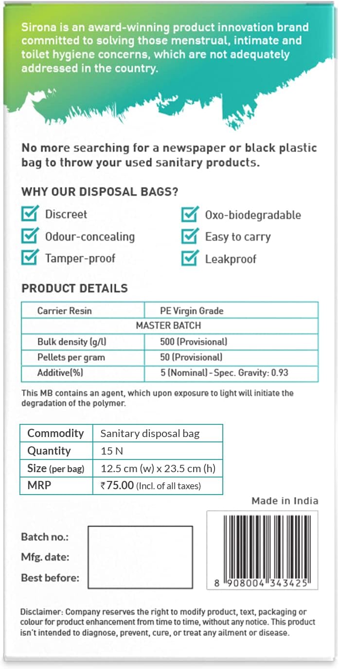 Sirona Personal Disposal Bags | Leak-Proof, Odor-Sealing & Oxo-Biodegradable Hygiene Disposal Bags | Discreet Bags for Sanitary Pads, Tampons, Panty Liners, Condoms & Personal Waste