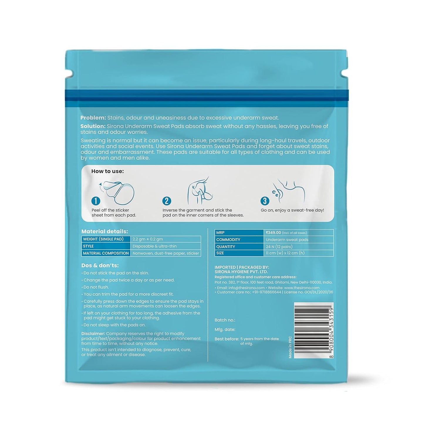 Sirona Disposable Underarm Sweat Pads | Self-Adhesive, High Absorbency Sweat Shields | Invisible Underarm Pads for Men & Women | Odor & Sweat Protection