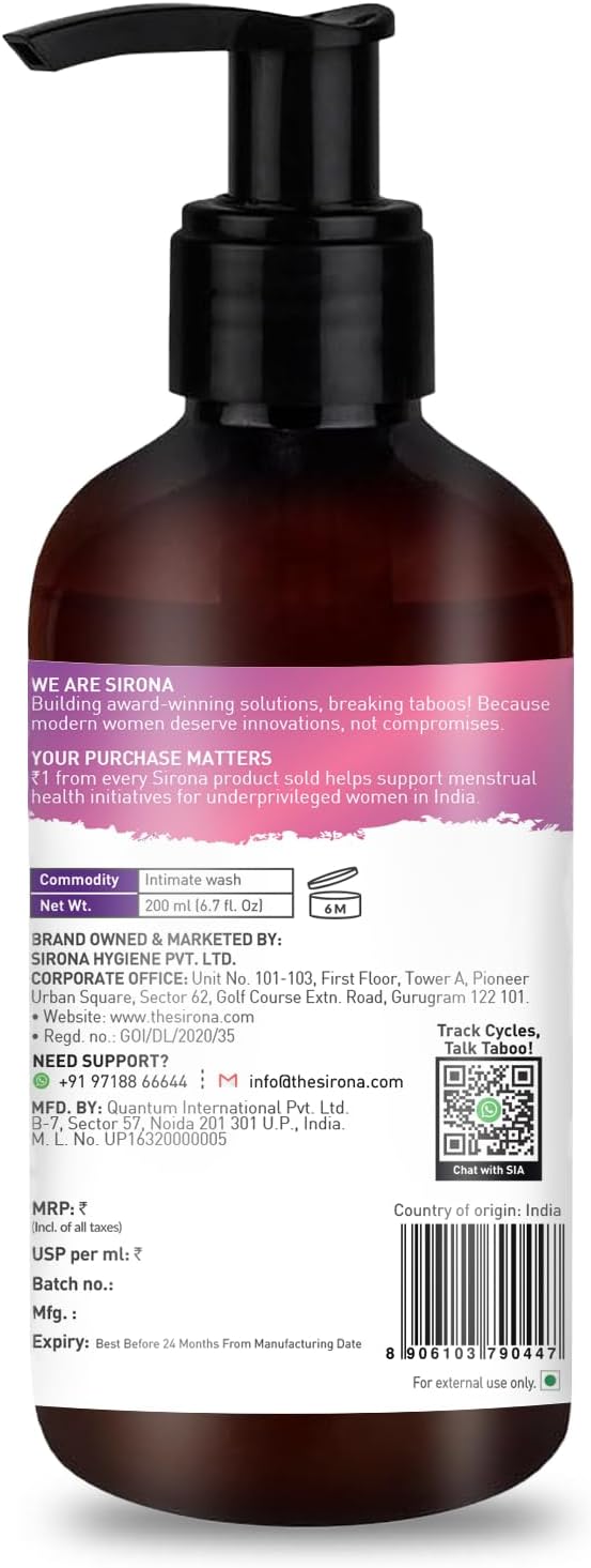 Sirona pH Balancing Intimate Cleanser | Fragrance-Free Feminine Wash | pH-Balanced Vaginal Cleanser with Aloe Vera | Gentle Daily Intimate Hygiene for Sensitive Skin | 6.7 fl oz