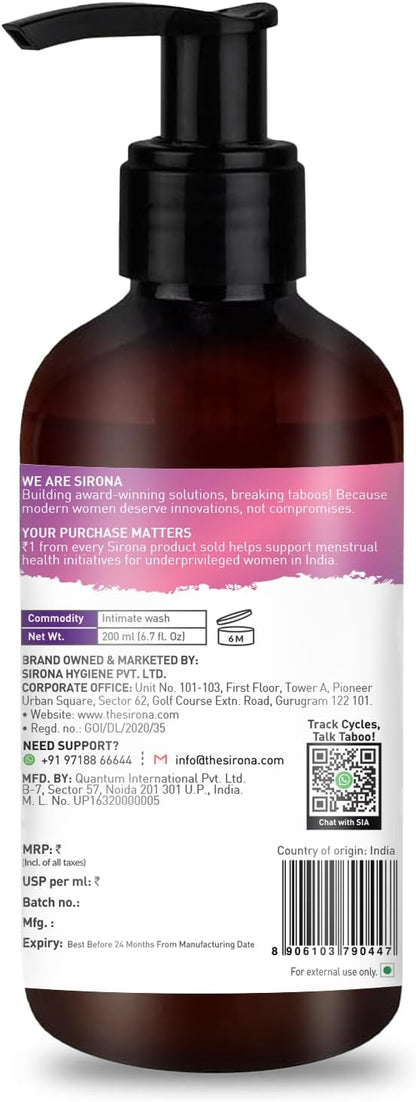 Sirona pH Balancing Intimate Cleanser | Fragrance-Free Feminine Wash | pH-Balanced Vaginal Cleanser with Aloe Vera | Gentle Daily Intimate Hygiene for Sensitive Skin | 6.7 fl oz