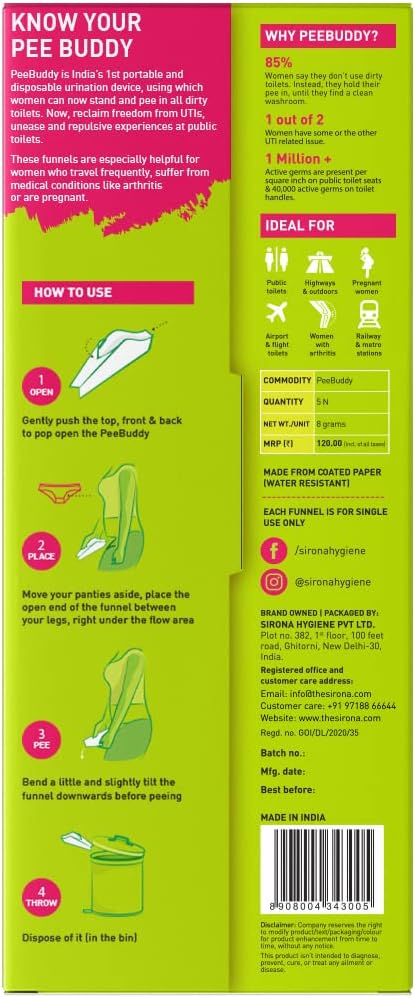 Sirona PeeBuddy Portable Female Urination Device | Disposable Female Urinal Funnel | Foldable, Waterproof & Hygienic | Ideal for Travel, Camping, Hiking, Road Trips & Public Restrooms