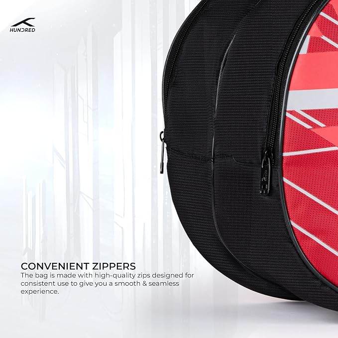 HUNDRED Two Step Badminton and Tennis Racquet Kit Bag | Material: Polyester | Multiple Compartment with Side Pouch | Easy-Carry Handle | Padded Back Straps | Front Zipper Pocket (Red, 6 in 1)