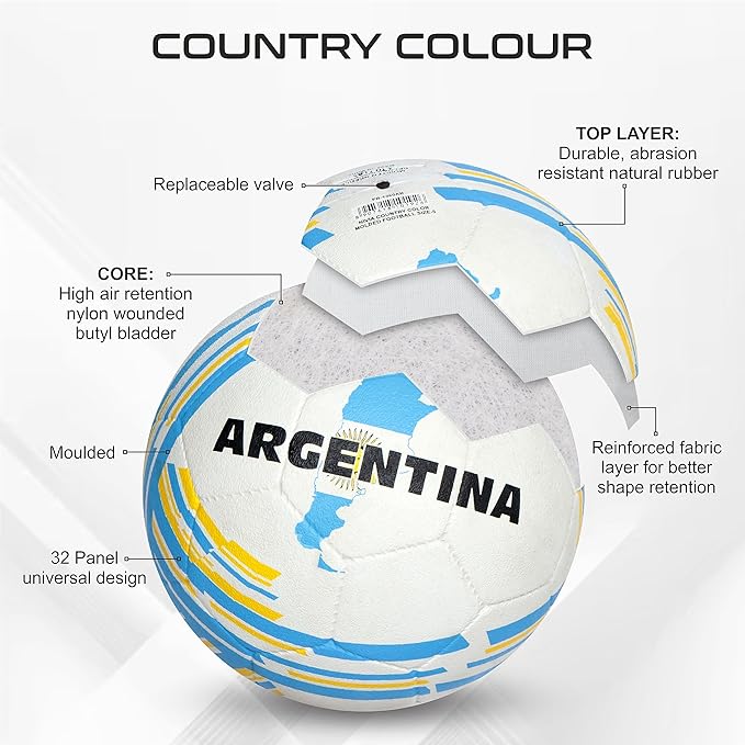 Nivia Country Colour Molded Argentina Football | Color: White-Blue | Size: 5 | Machine Stitched | Rubberized Moulded | 12 Panel | Waterproof | Soccer Ball