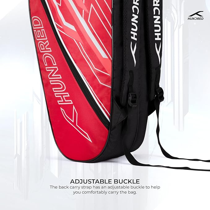 HUNDRED Two Step Badminton and Tennis Racquet Kit Bag | Material: Polyester | Multiple Compartment with Side Pouch | Easy-Carry Handle | Padded Back Straps | Front Zipper Pocket (Red, 6 in 1)