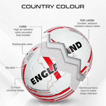 Nivia Country Colour Molded England Football | Color: White-Red | Size: 5 | Machine Stitched | Rubberized Moulded | 12 Panel | Waterproof | Soccer Ball