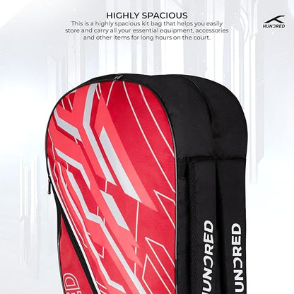 HUNDRED Two Step Badminton and Tennis Racquet Kit Bag | Material: Polyester | Multiple Compartment with Side Pouch | Easy-Carry Handle | Padded Back Straps | Front Zipper Pocket (Red, 6 in 1)