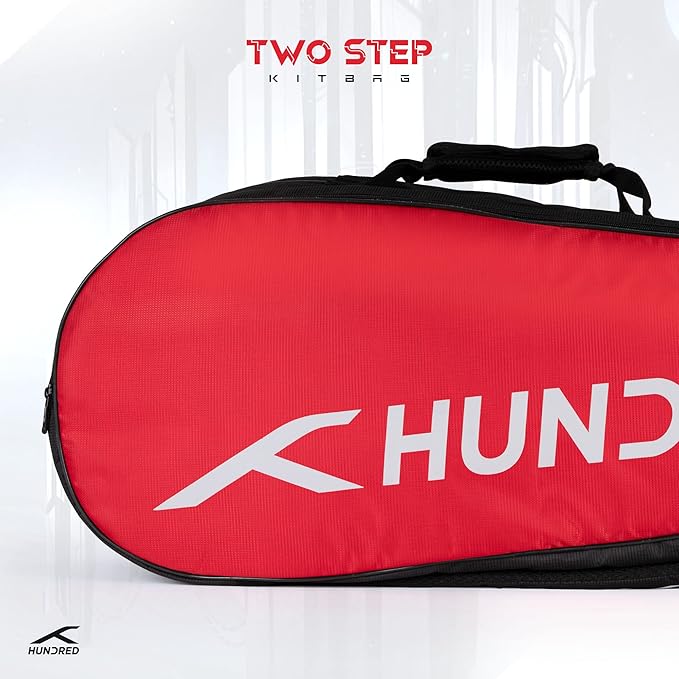 HUNDRED Two Step Badminton and Tennis Racquet Kit Bag | Material: Polyester | Multiple Compartment with Side Pouch | Easy-Carry Handle | Padded Back Straps | Front Zipper Pocket (Red, 6 in 1)