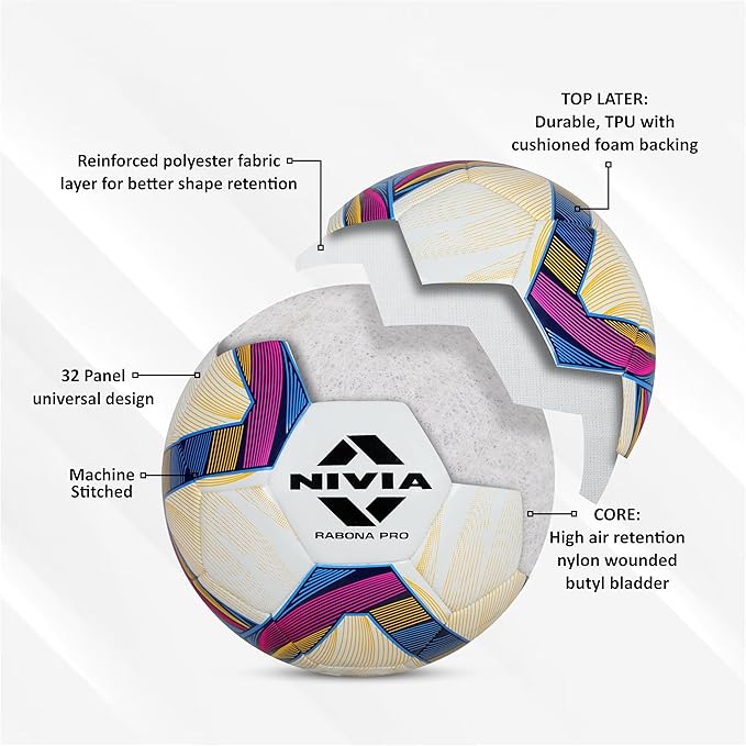 Nivia Rabona Pro Football | Color: Multicolor | Size: 5 | Material: Polyester | Machine Stitched | 32 Panel | Hobby Playing Ball | Soccer Ball