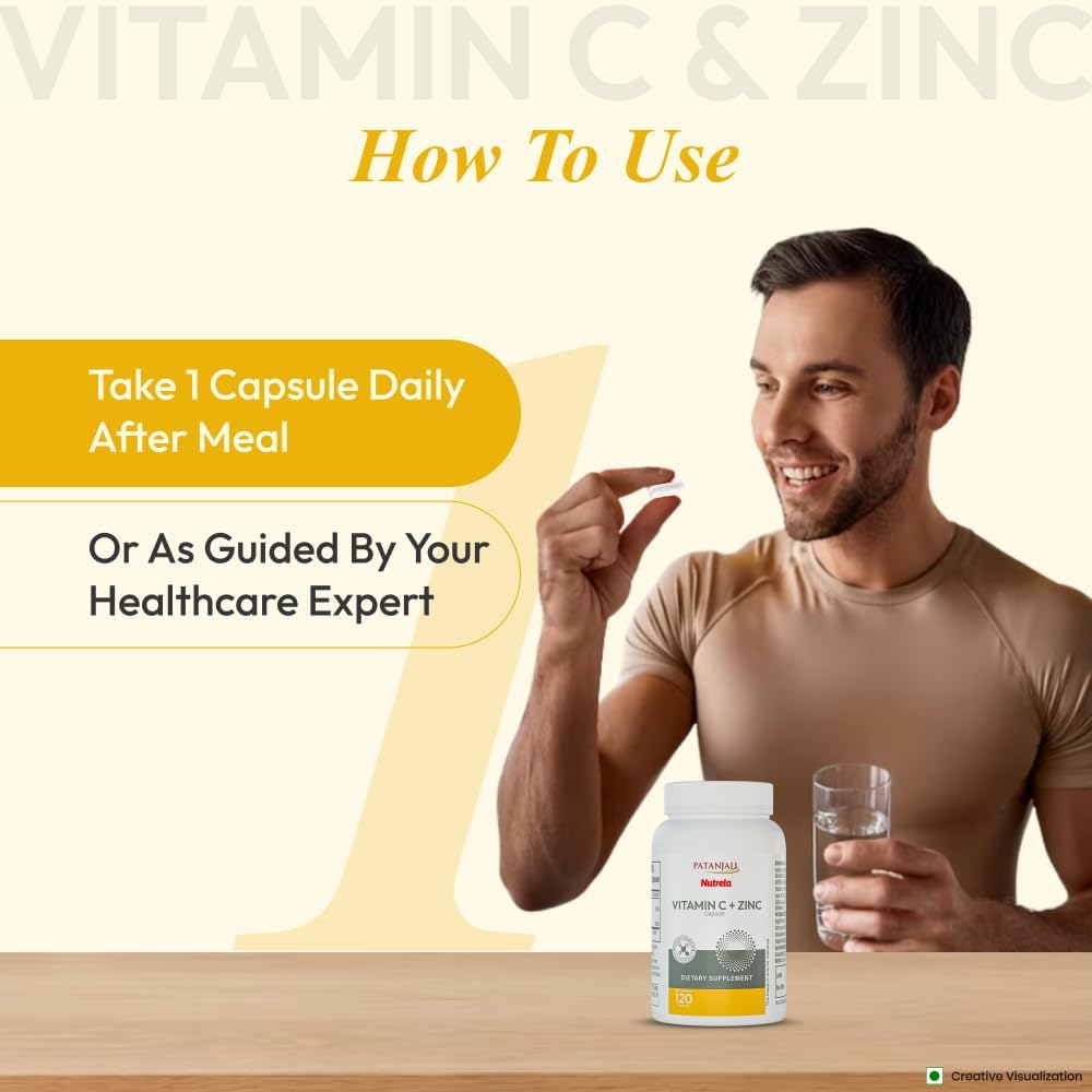Patanjali Nutrela Vitamin C + Zinc - Natural Immune Support Supplement  - Antioxidant & Immunity Booster - 120 Vegetarian Capsules