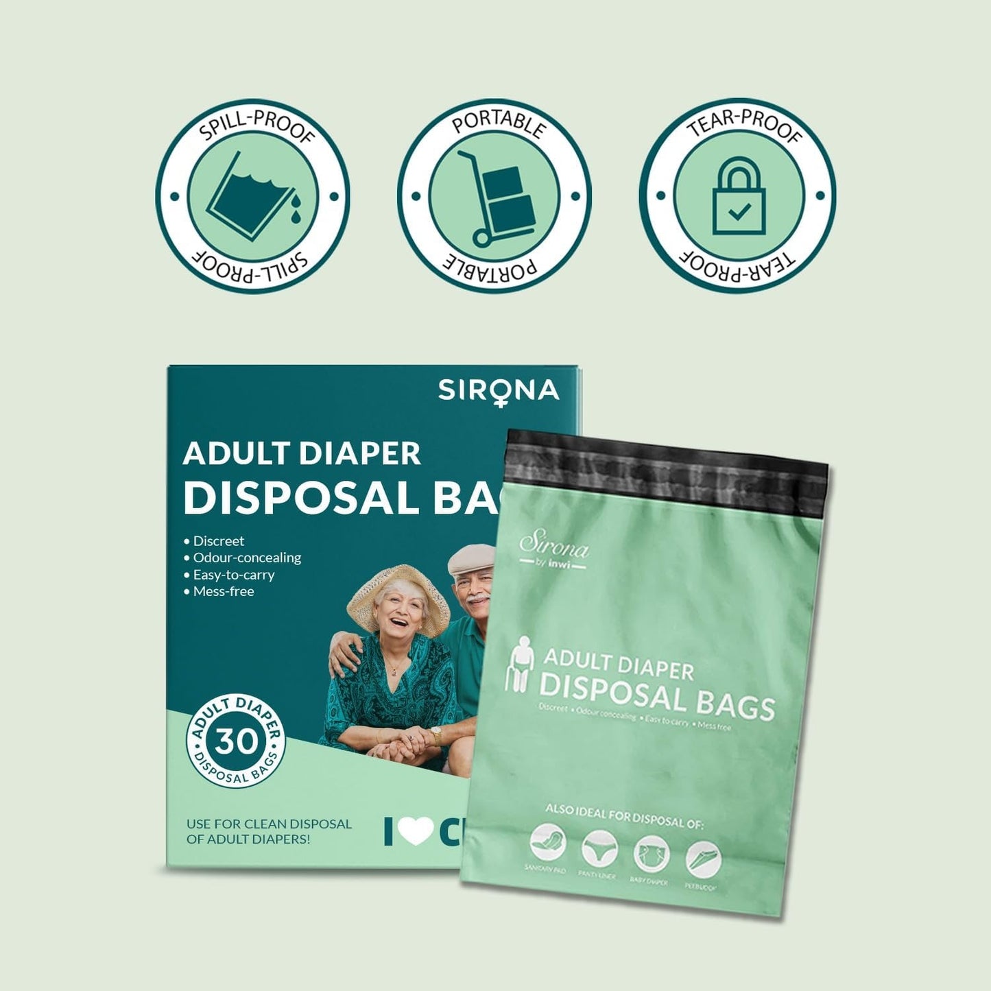 Sirona Premium Adult Diaper Disposable Bags - 30 Bags | Odor Sealing for Diapers, Food Waste, Pet Waste, Sanitary Product Disposal | Durable and Unsce