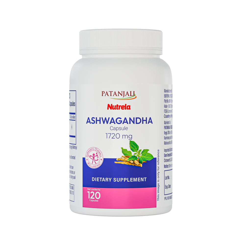 Patanjali Nutrela Ashwagandha Capsules 1720 mg | Natural Sleep Support & Relaxation Supplement | Stress Relief, Calm Mind & Better Sleep | 120  Capsules |  Vegetarian   | For Adults