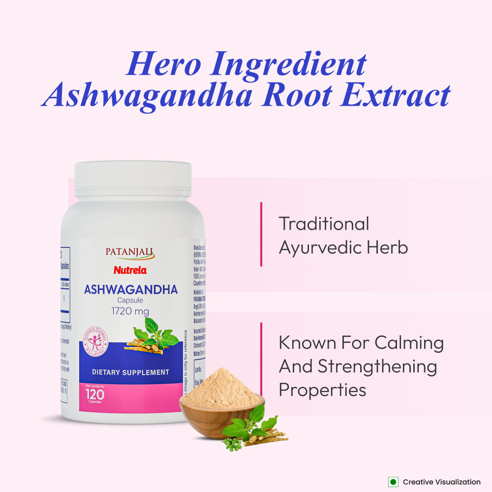 Patanjali Nutrela Ashwagandha Capsules 1720 mg | Natural Sleep Support & Relaxation Supplement | Stress Relief, Calm Mind & Better Sleep | 120  Capsules |  Vegetarian   | For Adults