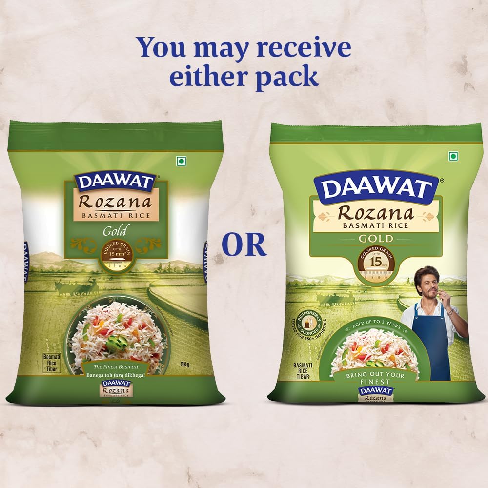 Daawat Rozana Gold Basmati Rice 1Kg| For Everyday Consumption| Cooked Grain Upto 15mm| Naturally Aged