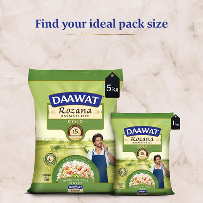 Daawat Rozana Gold Basmati Rice 1Kg| For Everyday Consumption| Cooked Grain Upto 15mm| Naturally Aged