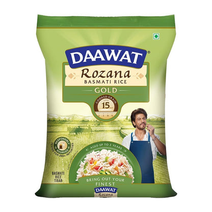 Daawat Rozana Gold Basmati Rice 5Kg| For Everyday Consumption| Cooked Grain Upto 15mm| Naturally Aged