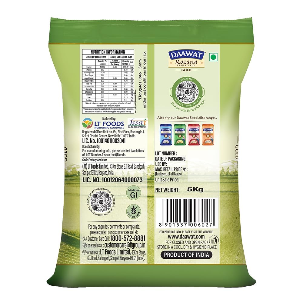 Daawat Rozana Gold Basmati Rice 5Kg| For Everyday Consumption| Cooked Grain Upto 15mm| Naturally Aged