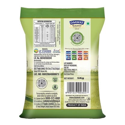 Daawat Rozana Gold Basmati Rice 5Kg| For Everyday Consumption| Cooked Grain Upto 15mm| Naturally Aged