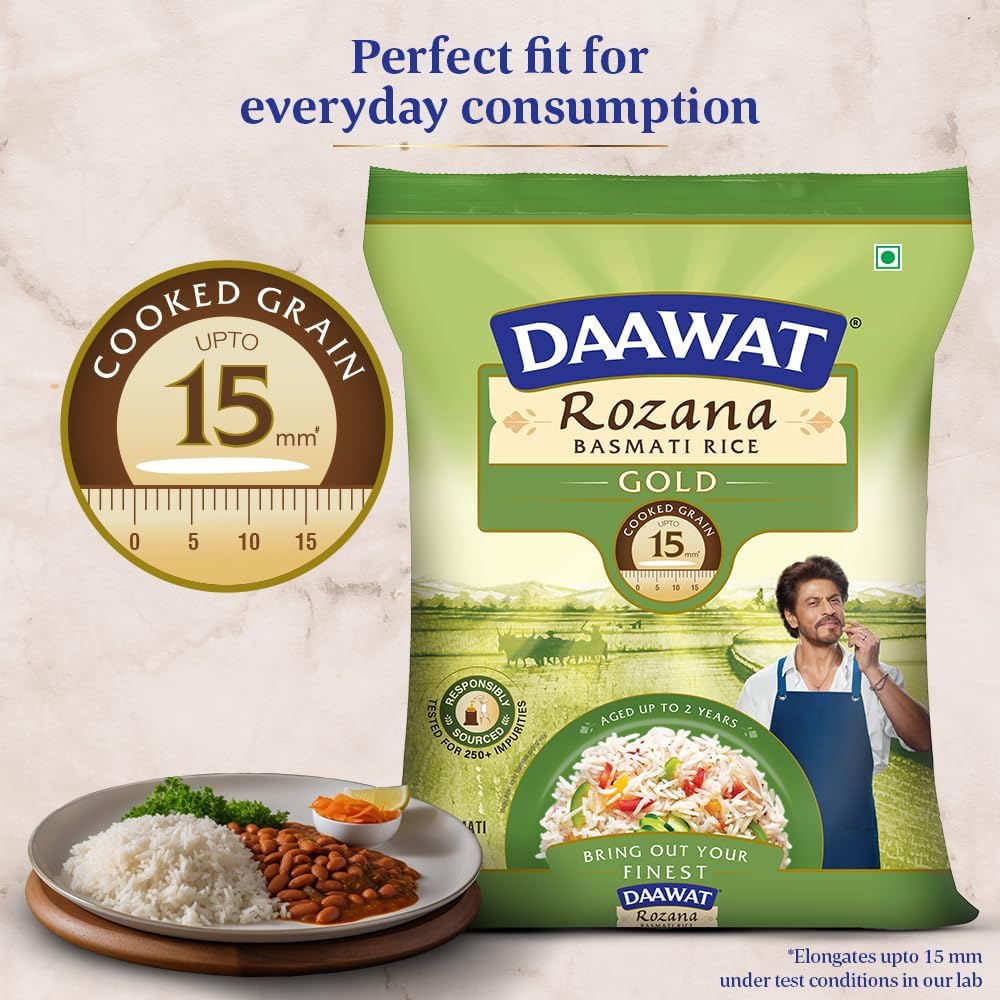 Daawat Rozana Gold Basmati Rice 5Kg| For Everyday Consumption| Cooked Grain Upto 15mm| Naturally Aged
