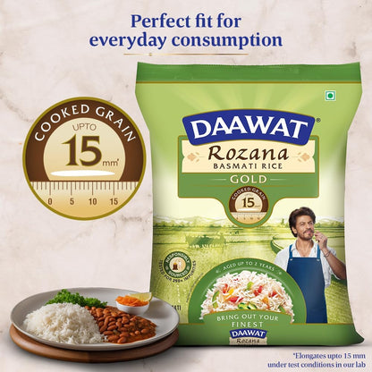 Daawat Rozana Gold Basmati Rice 5Kg| For Everyday Consumption| Cooked Grain Upto 15mm| Naturally Aged