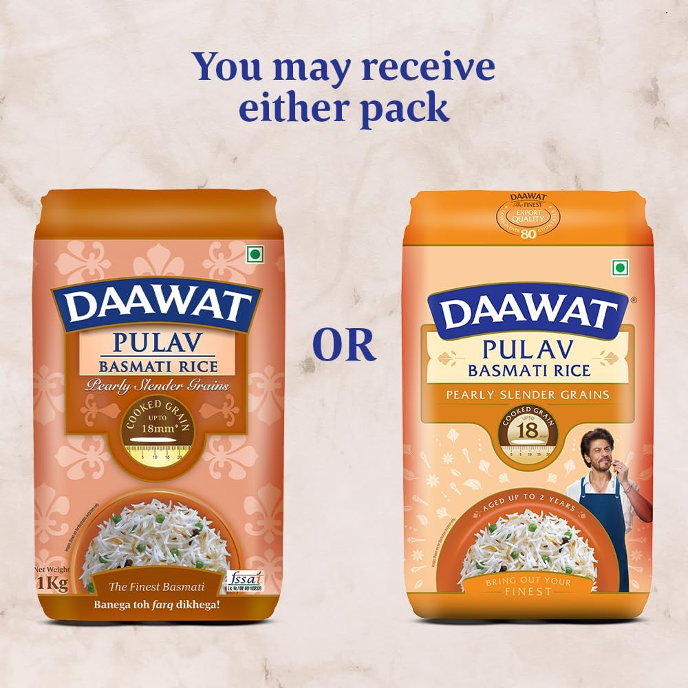 Daawat Pulav Basmati Rice 1Kg| Pearly slender Grains| Cooked Grain Upto 18mm| Long & Fluffy Pulav Rice