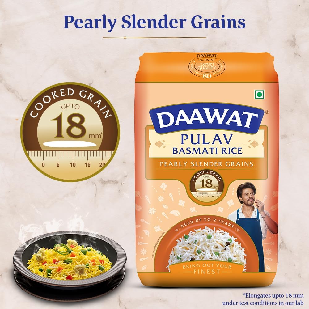 Daawat Pulav Basmati Rice 1Kg| Pearly slender Grains| Cooked Grain Upto 18mm| Long & Fluffy Pulav Rice