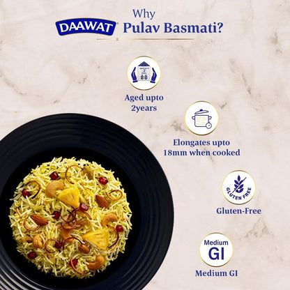 Daawat Pulav Basmati Rice 1Kg| Pearly slender Grains| Cooked Grain Upto 18mm| Long & Fluffy Pulav Rice