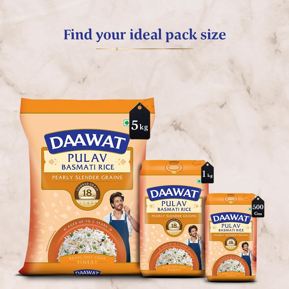 Daawat Pulav Basmati Rice 1Kg| Pearly slender Grains| Cooked Grain Upto 18mm| Long & Fluffy Pulav Rice