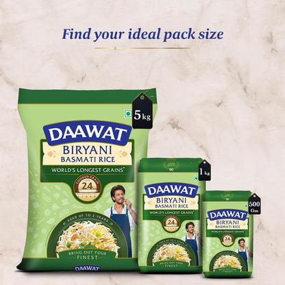 Daawat Biryani Basmati Rice, 5 Kg| World s Longest Rice Grain expands 24mm | Tasty, Non-sticky & Rich Aroma |Naturally Aged