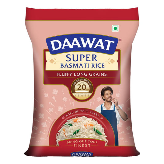 Daawat Super Basmati Rice 5kg (25% Extra) | Long Grain Aged Rice | Perfect for Everyday Cooking, Biryani & Pulao