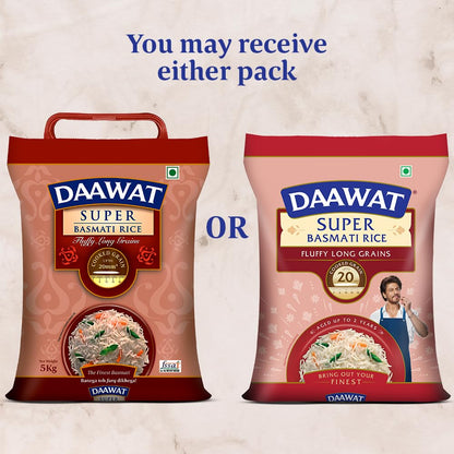 Daawat Super Basmati Rice 5kg (25% Extra) | Long Grain Aged Rice | Perfect for Everyday Cooking, Biryani & Pulao