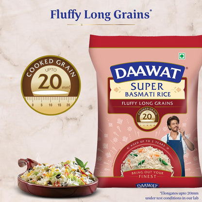 Daawat Super Basmati Rice 5kg (25% Extra) | Long Grain Aged Rice | Perfect for Everyday Cooking, Biryani & Pulao