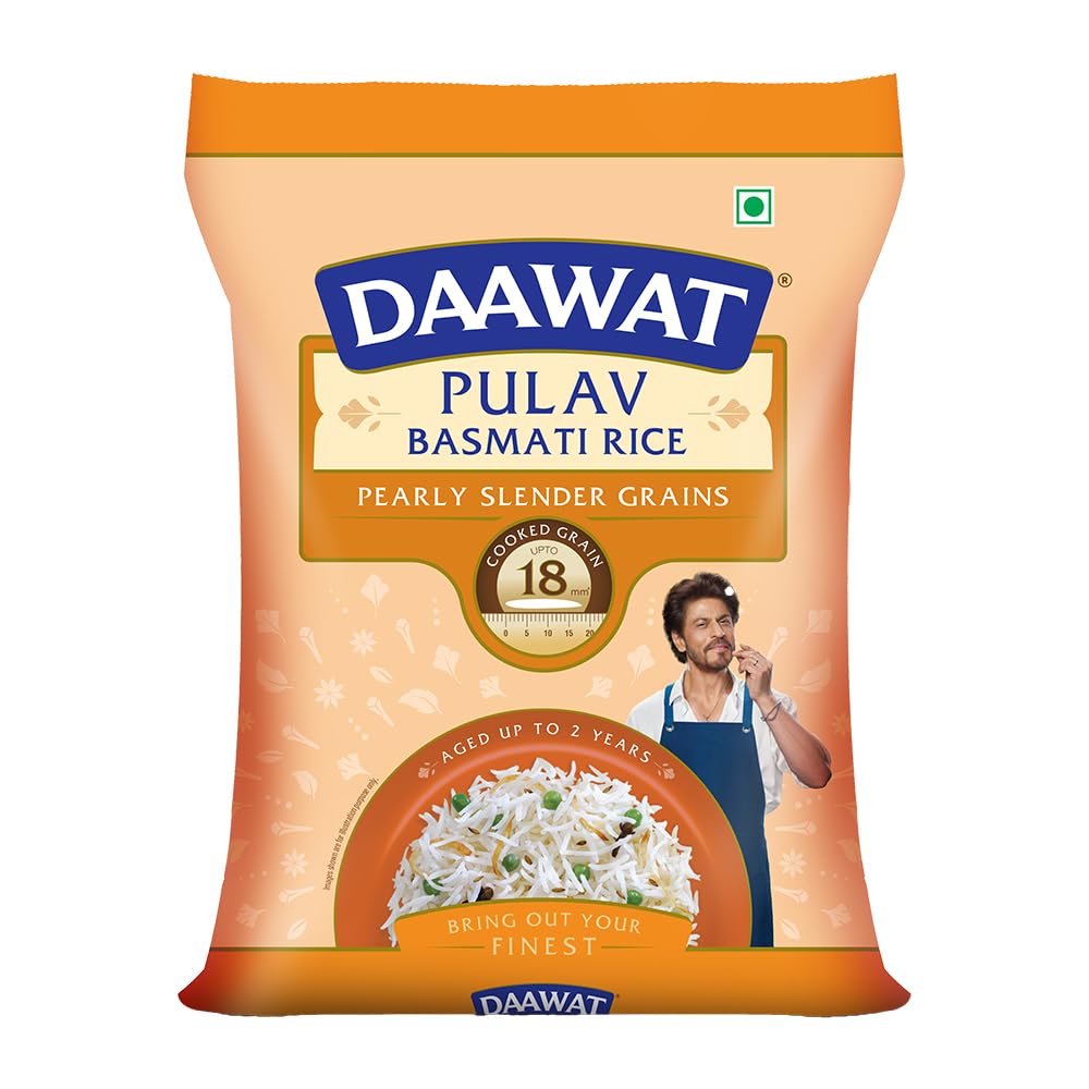 Daawat Pulav Basmati Rice 5Kg| Pearly slender Grains| Cooked Grain Upto 18mm*| Long & Fluffy Pulav Rice