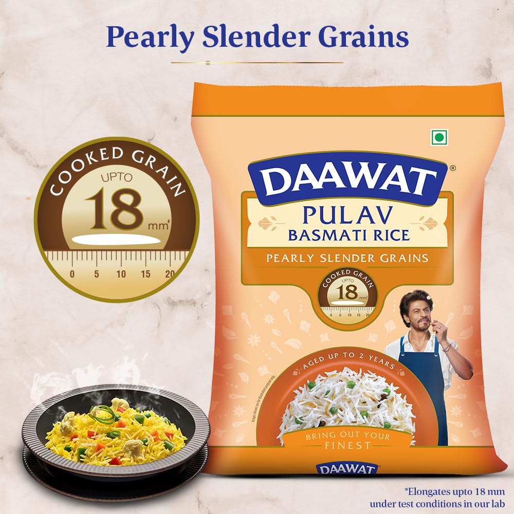 Daawat Pulav Basmati Rice 5Kg| Pearly slender Grains| Cooked Grain Upto 18mm*| Long & Fluffy Pulav Rice