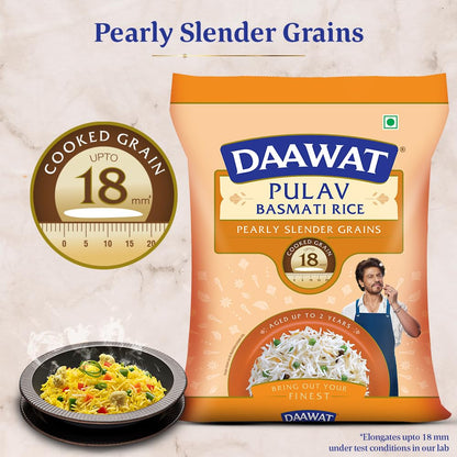 Daawat Pulav Basmati Rice 5Kg| Pearly slender Grains| Cooked Grain Upto 18mm*| Long & Fluffy Pulav Rice
